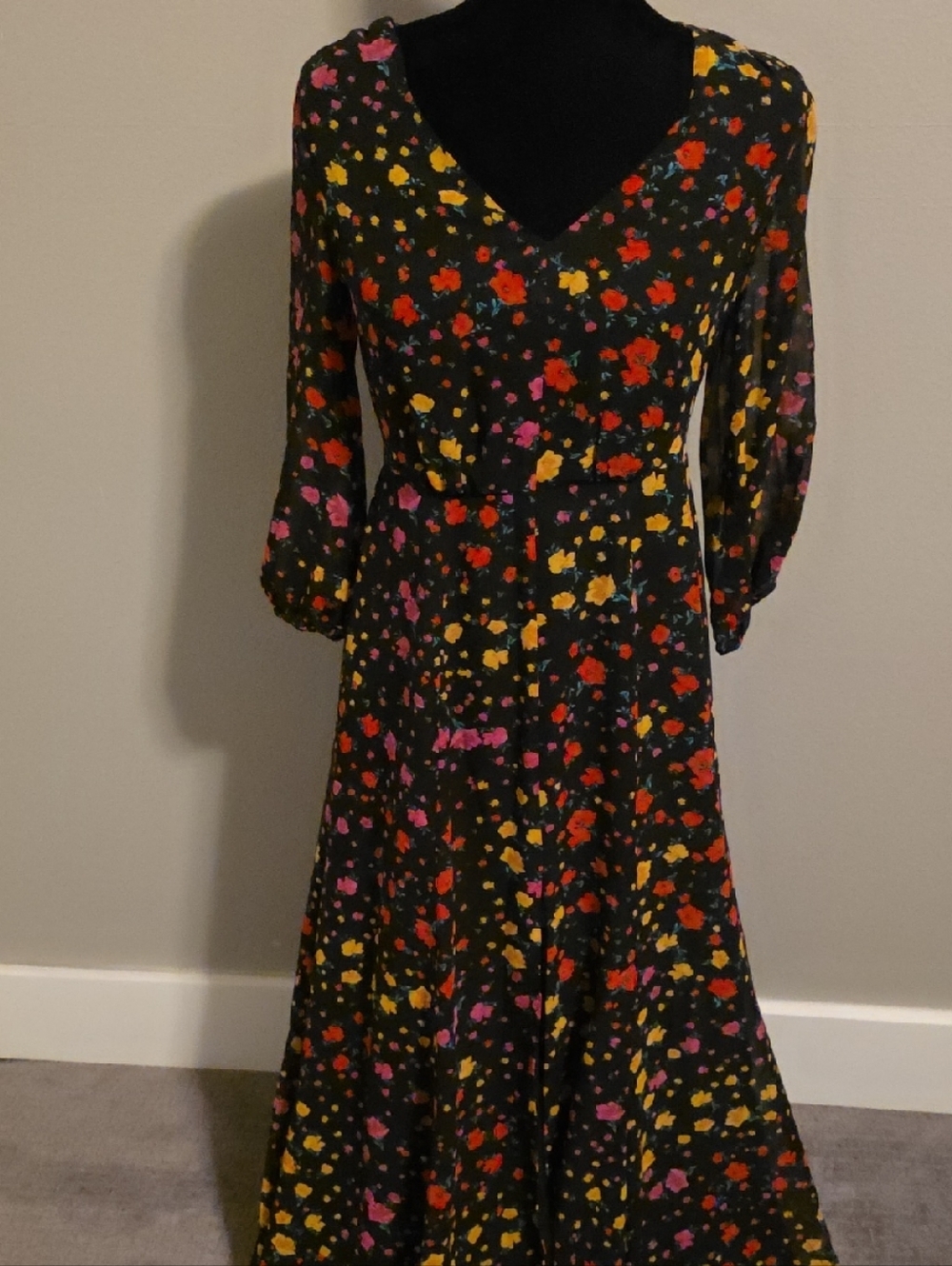 New York & Company Black Maxi Dress with Red, Yellow, and Pink Floral Print